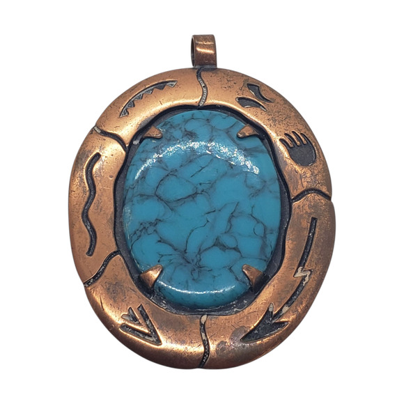 Vintage Solid Copper Turquoise Pendant Bell Trading Southwest Tribal Design BIG - Picture 1 of 9